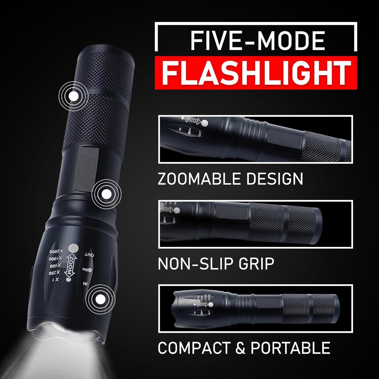 LED Flashlights - High Lumen Mini Tactical Flashlights with 5 Modes, Zoomable Beam, Water-Resistant Design for Camping, Outdoor, and Home Use (4)