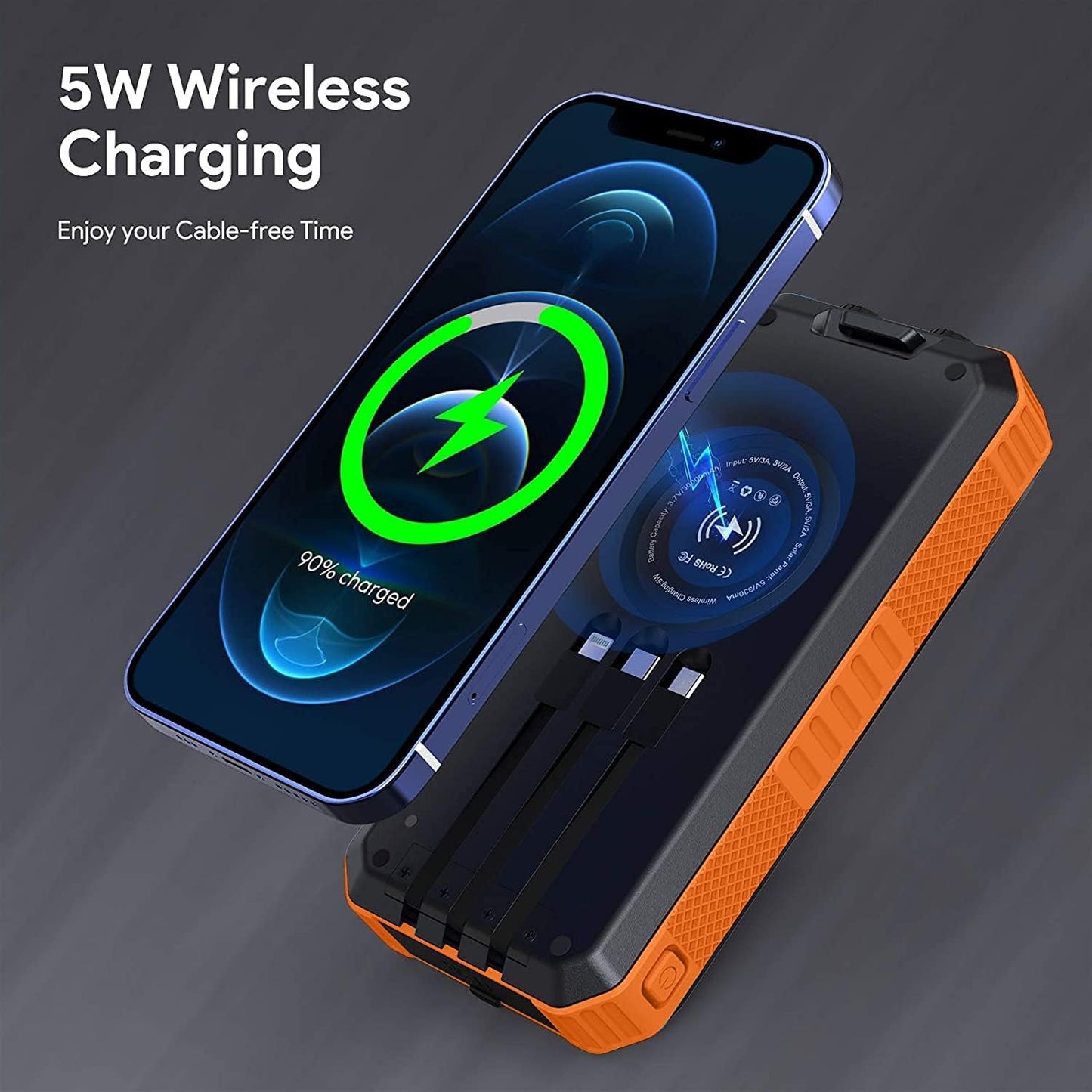 Solar Power Bank 30000 mAh,Wireless Portable Solar Power Bank Fast Charge Solar Phone Charger Power Bank with 3 Cables & LED Flashlights(Waterproof, Dustproof) Compatible with iOS & Android