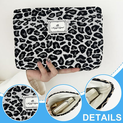 SGERUFZ Leopard Women Canvas Makeup Bag Large Capacity Travel Makeup Organizer Makeup Accessories (Beige+Black)