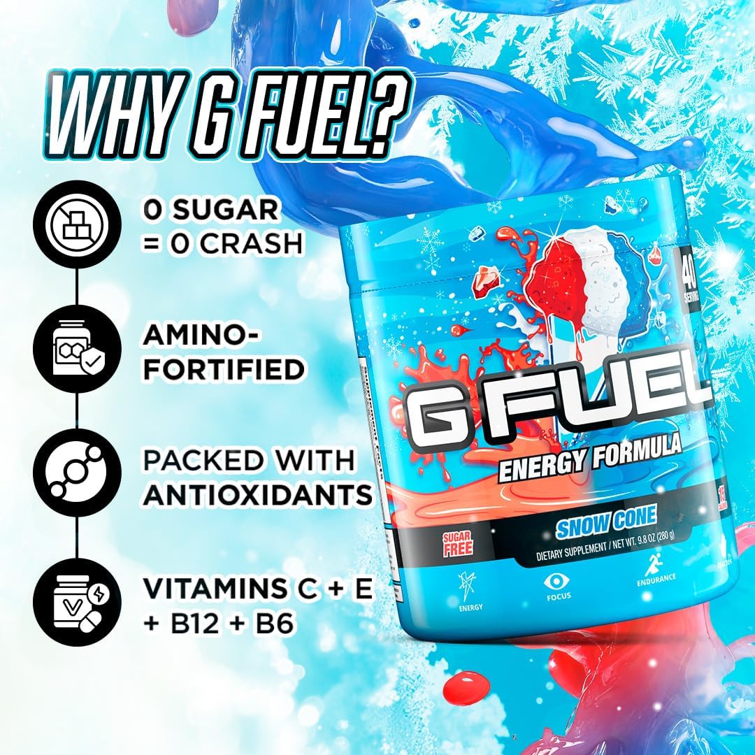 G Fuel Snow Cone Game-Changing Elite Energy Powder, Sharpens Mental Focus and Cognitive Function, Zero Sugar, Supports Immunity and Enhances Mood 9.8 oz (40 Servings)