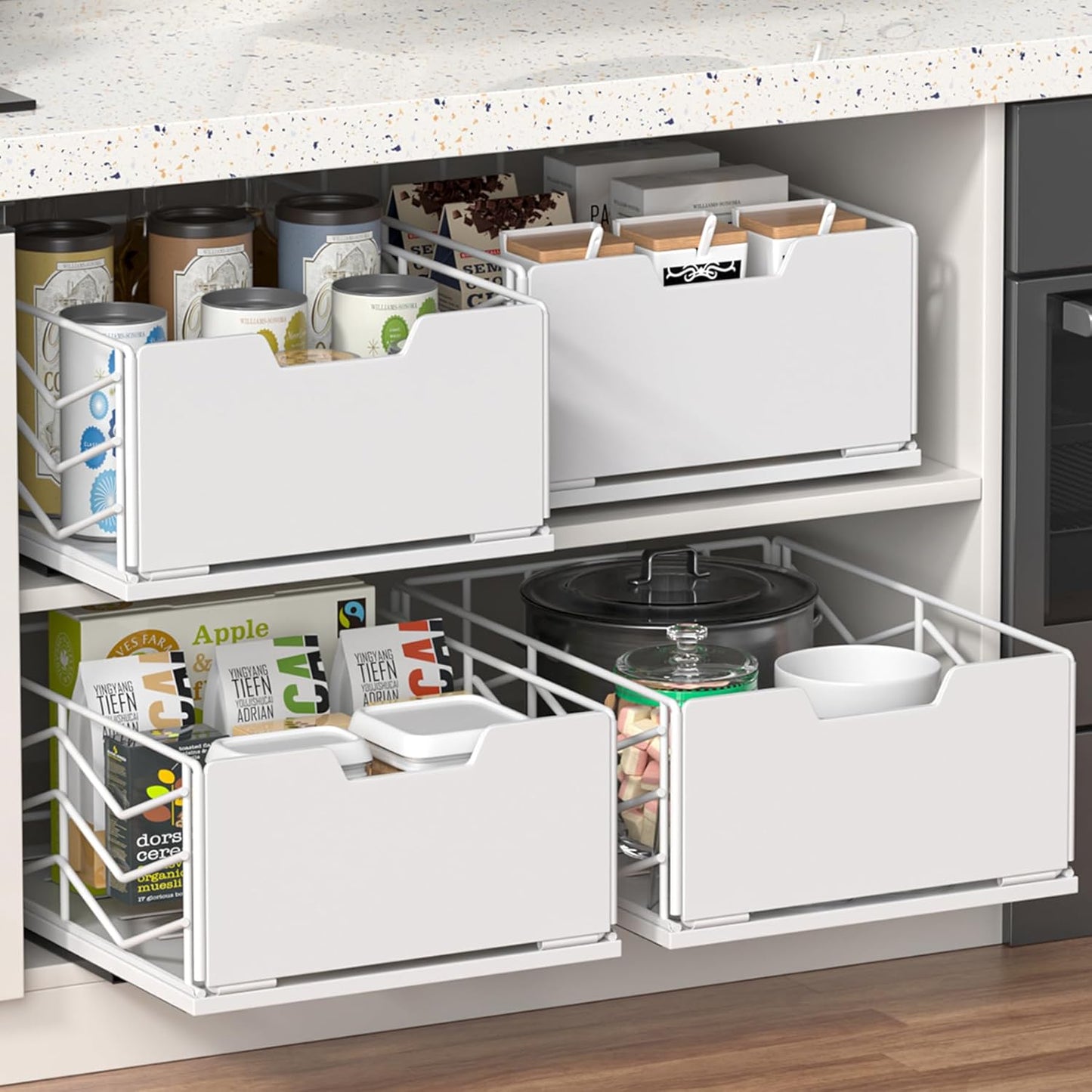 ZOINLIY Small Pull Out Organizer Basket - Smooth Sliding Cabinet Organizer, Heavy Duty Drawers Organizer for Cabinets, Slide Out Under Sink Organizer, 15.7" D x 11.8" W x 6.7" H (L - 2 Pack)