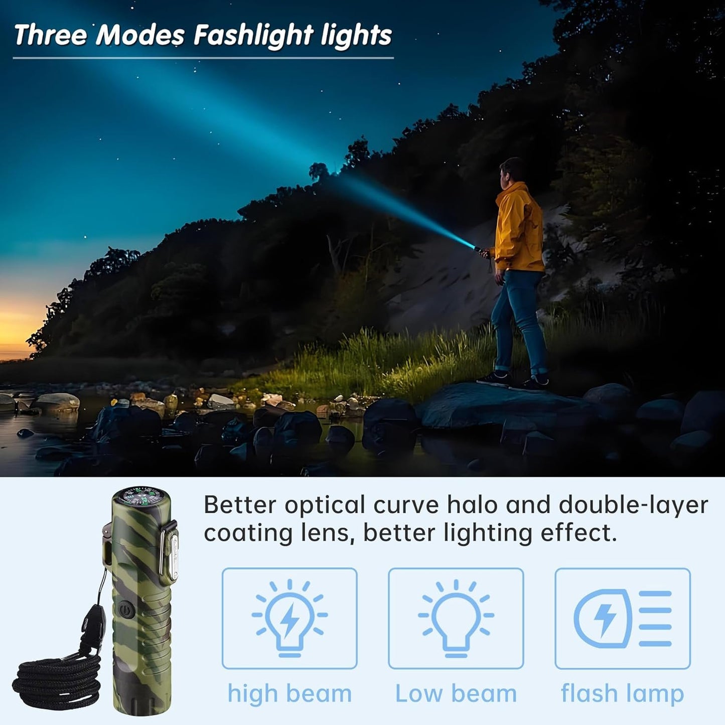Electric Lighter (Rechargeable),3 in 1 Windproof Plasma Lighter with Tactical Flashlight & Compass,Portable Flameless Arc Lighters for Camping Hiking Outdoor Adventure Survival Tactical (Camouflage)