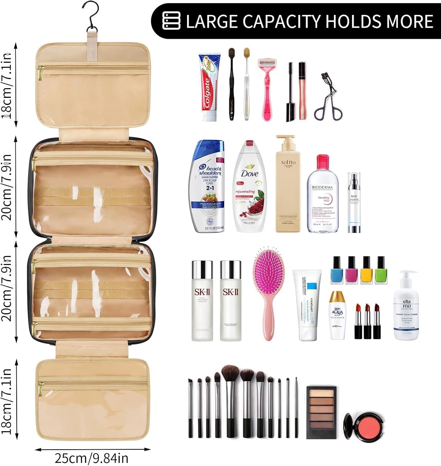 Hanging Travel Toiletry Bag with Hook, 4 Sections Toiletry Bag Travel Bag Water-Resistant Travel Cosmetic Bag Foldable Hygiene Bag for Toiletries, Cosmetics, Makeup, Brushes, Shower (Black)