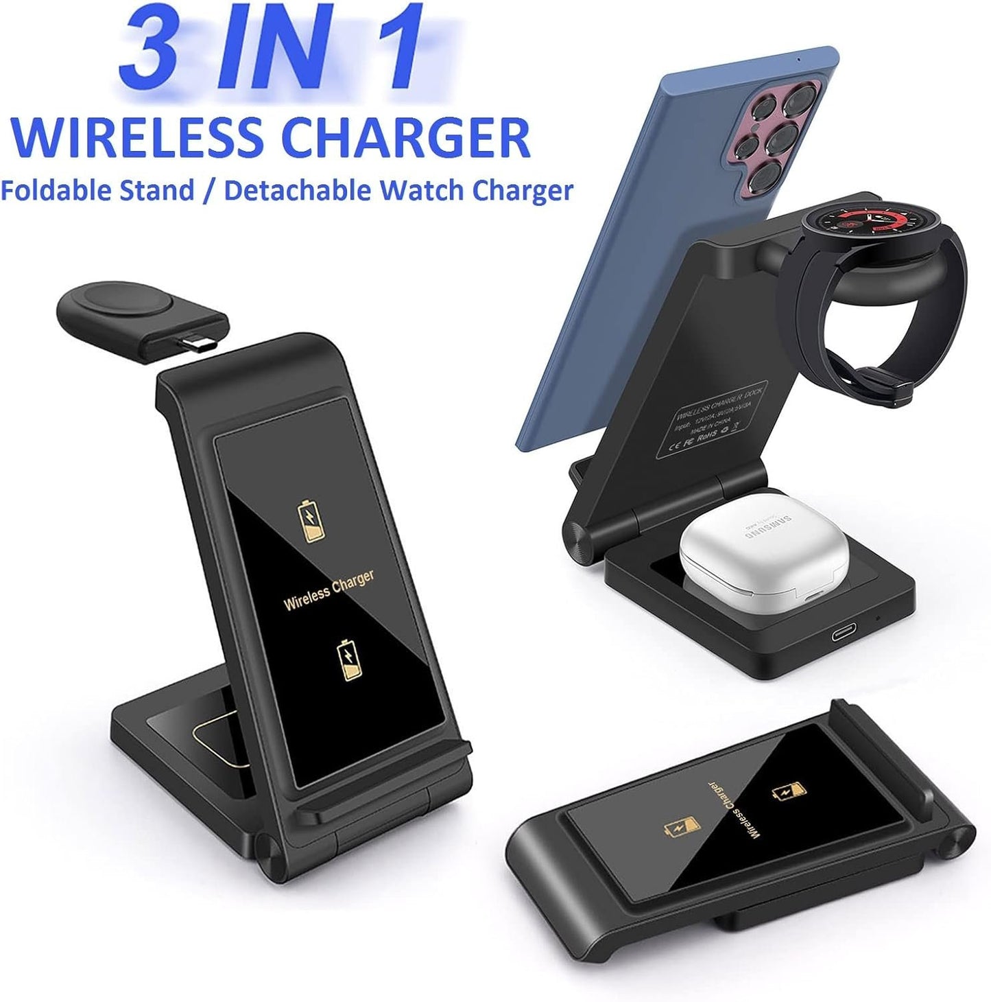 3 in 1 Wireless Charger Stand FDGAO Foldable 15W Fast Wireless Charging Station with Adapter for Samsung Galaxy S25 S24 S23 S22 S21 S20 Ultra S10 S9,Note20,Galaxy Watch 7/6/5 Pro/4/3,Galaxy Buds2 Pro