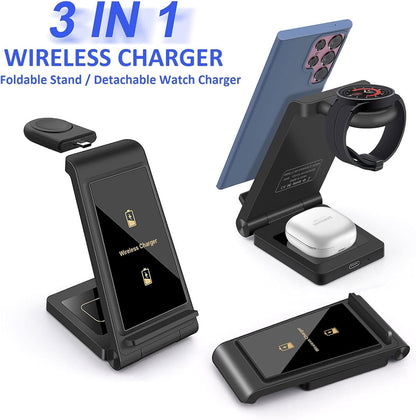 3 in 1 Wireless Charger Stand FDGAO Foldable 15W Fast Wireless Charging Station with Adapter for Samsung Galaxy S25 S24 S23 S22 S21 S20 Ultra S10 S9,Note20,Galaxy Watch 7/6/5 Pro/4/3,Galaxy Buds2 Pro