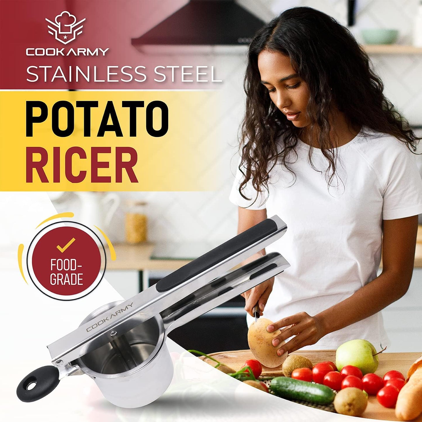 Cook Army Potato Ricer Stainless Steel - Professional 15 Oz Potato Masher Kitchen Tool with 3 Interchangeable Discs, & 3 in-1 Veggie Potato Peeler Gadget. Make Perfect Mashed Potatoes Every Time