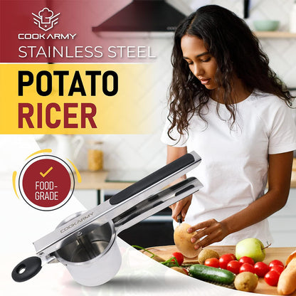 Cook Army Potato Ricer Stainless Steel - Professional 15 Oz Potato Masher Kitchen Tool with 3 Interchangeable Discs, & 3 in-1 Veggie Potato Peeler Gadget. Make Perfect Mashed Potatoes Every Time