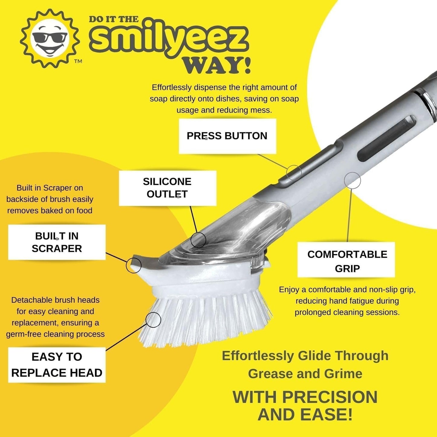 Soap Dispensing Dishwand by Smilyeez® (Grey) with Ergonomic Handle and 2 Interchangeable Brushes - Effortless Cleaning and Long-Lasting Durability - Kitchen and Dishwashing Essential