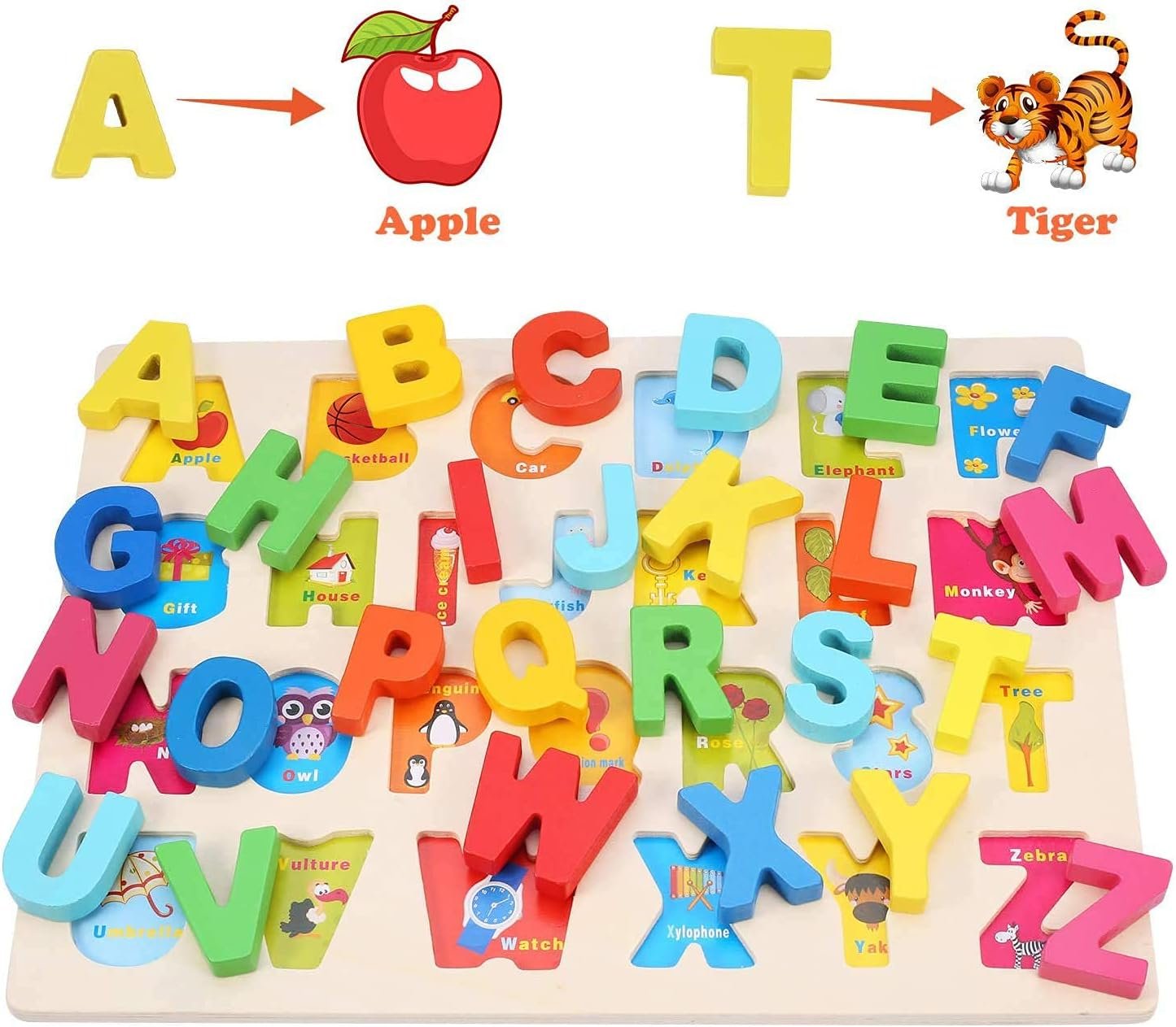 LENNYSTONE Wooden Puzzles for Toddlers, Wooden Alphabet ABC Numbers Shapes Puzzles Boards Early Educational Learning Toys for Kids Age 3 4 5 6 7 Years Old, Chunky Letters Jigsaw Puzzle