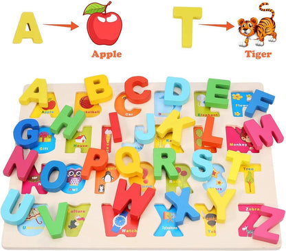 LENNYSTONE Wooden Puzzles for Toddlers, Wooden Alphabet ABC Numbers Shapes Puzzles Boards Early Educational Learning Toys for Kids Age 3 4 5 6 7 Years Old, Chunky Letters Jigsaw Puzzle