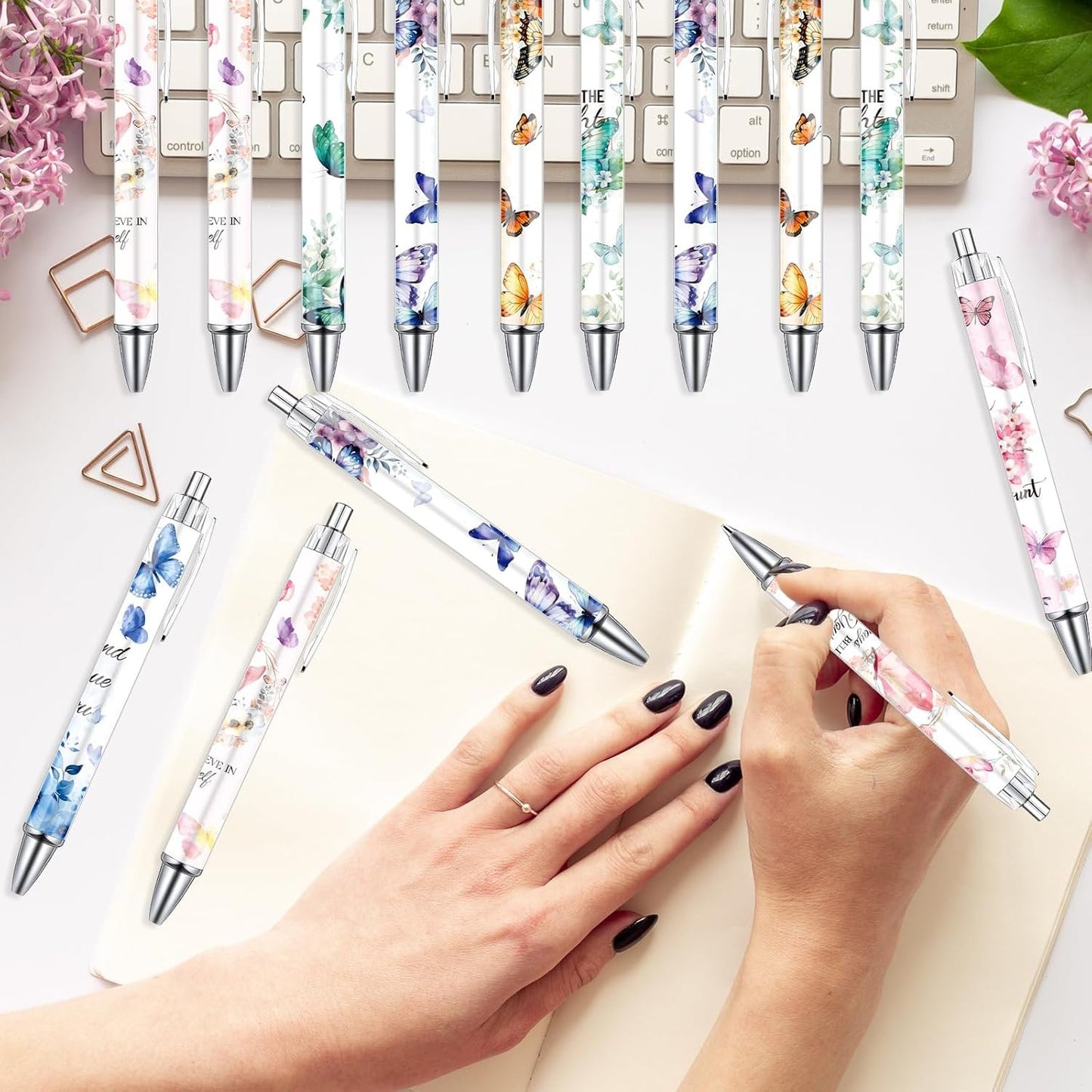Wxiben Butterfly Inspirational Ballpoint Pens - 24PCS Butterfly Print Pens Set Retractable Positive Flower Pens Smooth Writing Floral Pens for Office Stationery School Supplies for Women Teacher Gift