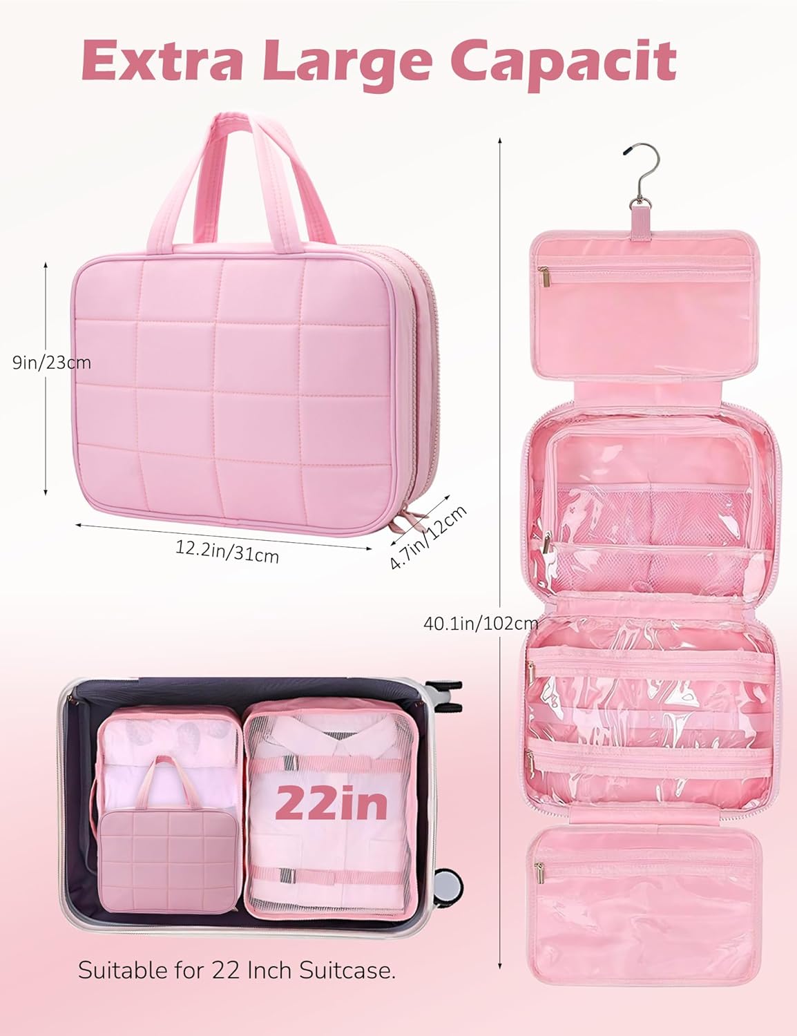 Travel Toiletry Bag for Women, Wide-Open Makeup Pouch,Hanging Toiletry Bag with Hook,Travel Storage Organizer for Skin Care Cosmetics Toiletries Full Sized Container (Black)