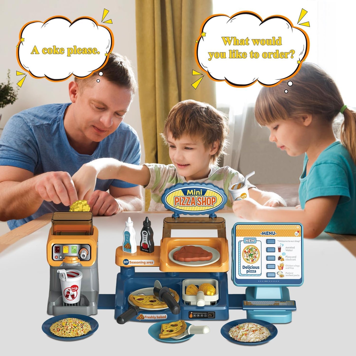 fisca Pretend Play Store 35 Piece Pizza Play Set with Cash Register for Preschool Kids Pretend Role Play Toy Pizza Shop Kids Playset 3+