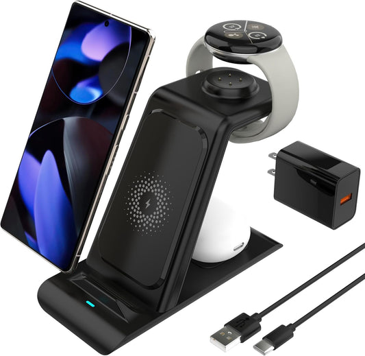 3 in 1 Wireless Charger Station for Pixel 3/2, 9/9 Pro/8/8 Pro/7/6, Buds Pro, Fitbit Versa 4/3/Sense 2/Sense, iPhone16/Galaxy S25 Multiple Devices (Not for Pixel Watch 1)