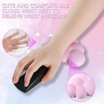 Keyboard Cloud Wrist Rest 2PCS, Memory Foam Keyboard Palm Rest, Ergonomic Keyboard Pad Wrist Support, Mouse Pad Rest Support for Office/Computer/Laptop/Gaming/Mac,Pink(Purplish Pink)