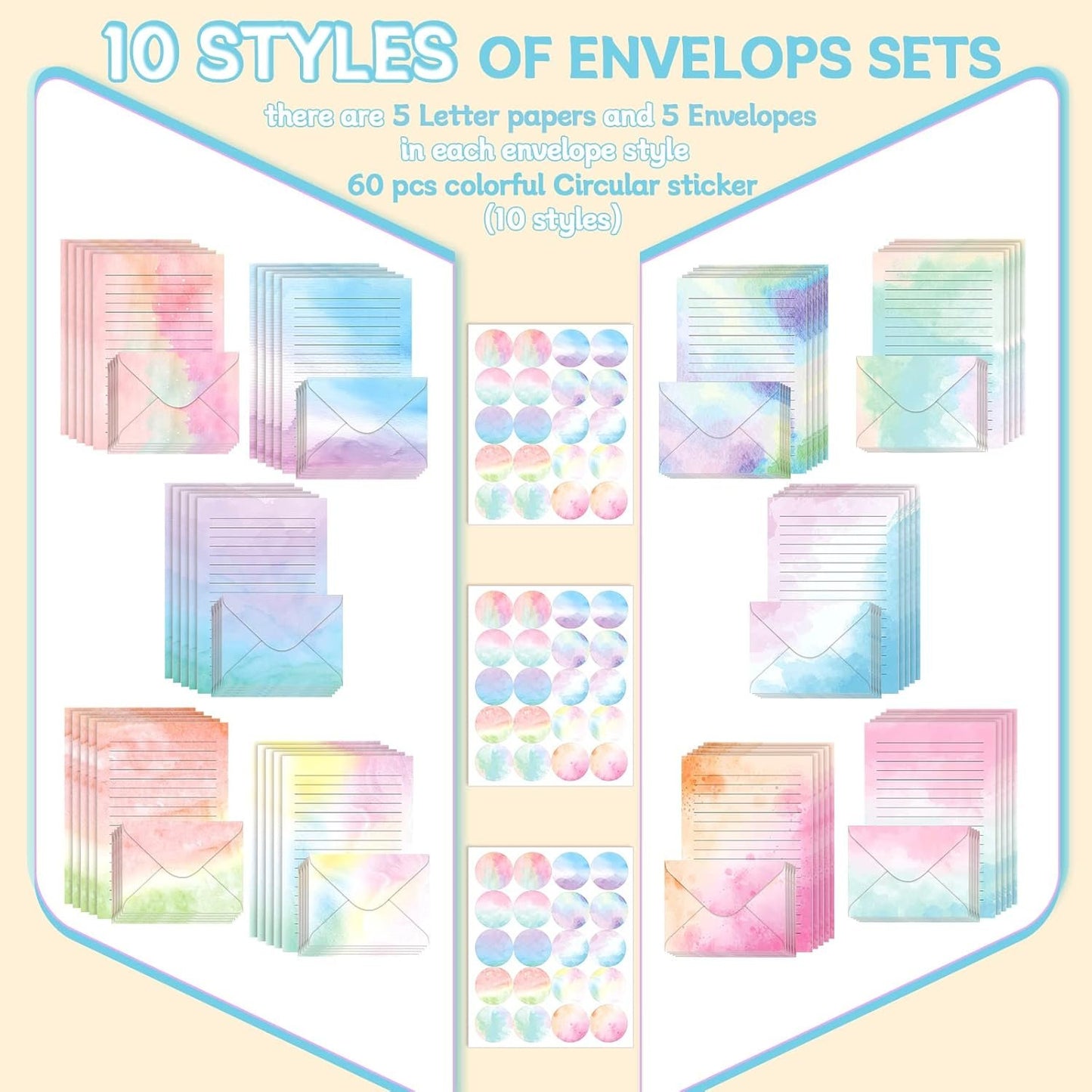 TaoBary 160 Packs Stationery Paper Set (50 Double Sided Stationery Writing Papers 50 Matching Envelopes) 60 Round Dot Sticker, 10 Design(Watercolor,5.5 x 8.25 Inch)