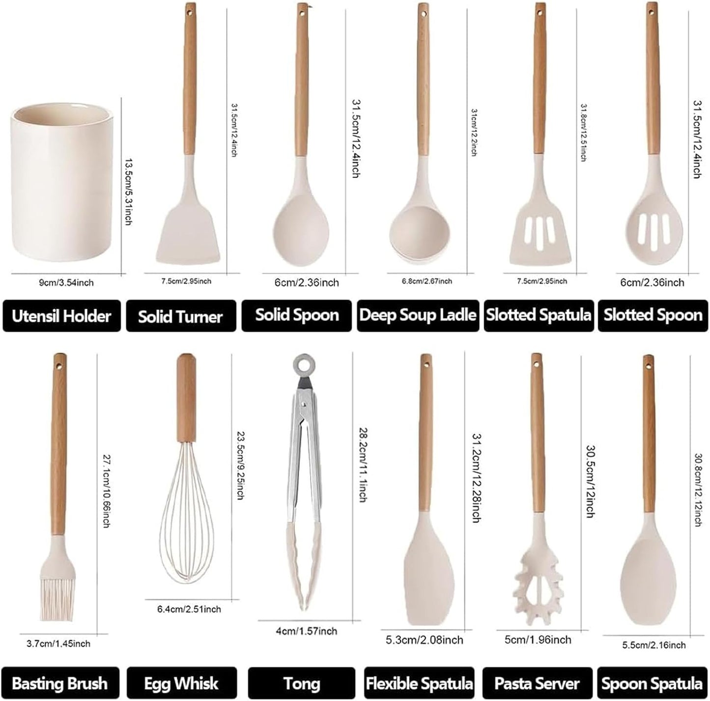 12 Pcs Silicone Kitchen Utensils Set with Wooden Handles, Heat Resistant Non-Stick Kitchen Utensils with Tongs, Spatula, Spoons and Stand, Dishwasher Safe, Best Kitchen Gadgets (Beige,