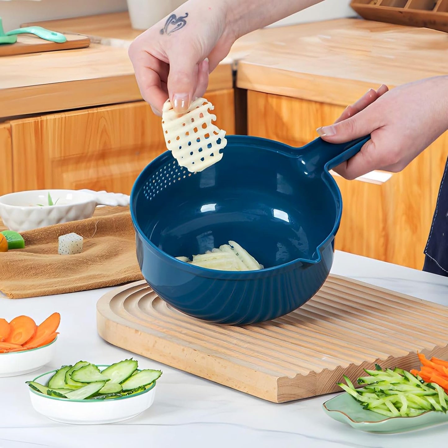 Vegetable and Cheese Grater Tool Set, Multifunction with Drain Basket, Vegetable Slicer, Mandolin Slicer, Chopper, Kitchen Gadget, Peeler and Shredder (Blue, 9 in