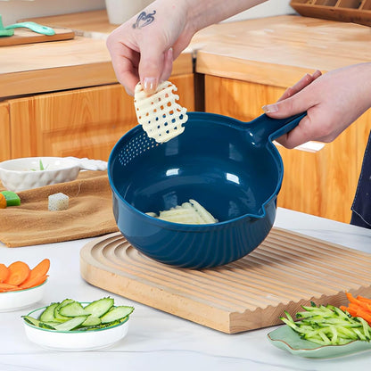 Vegetable and Cheese Grater Tool Set, Multifunction with Drain Basket, Vegetable Slicer, Mandolin Slicer, Chopper, Kitchen Gadget, Peeler and Shredder (Blue, 9 in