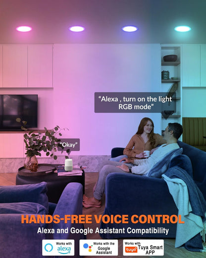 6Pack Smart led RGB Recessed Lighting 6Inch,Color Changing Canless LED Downlight with Remote Control,2700K-6500K,2.4GHz Wi-Fi Bluetooth 12W 1200lm,Work with Tuya App,Alexa & Google Assistant