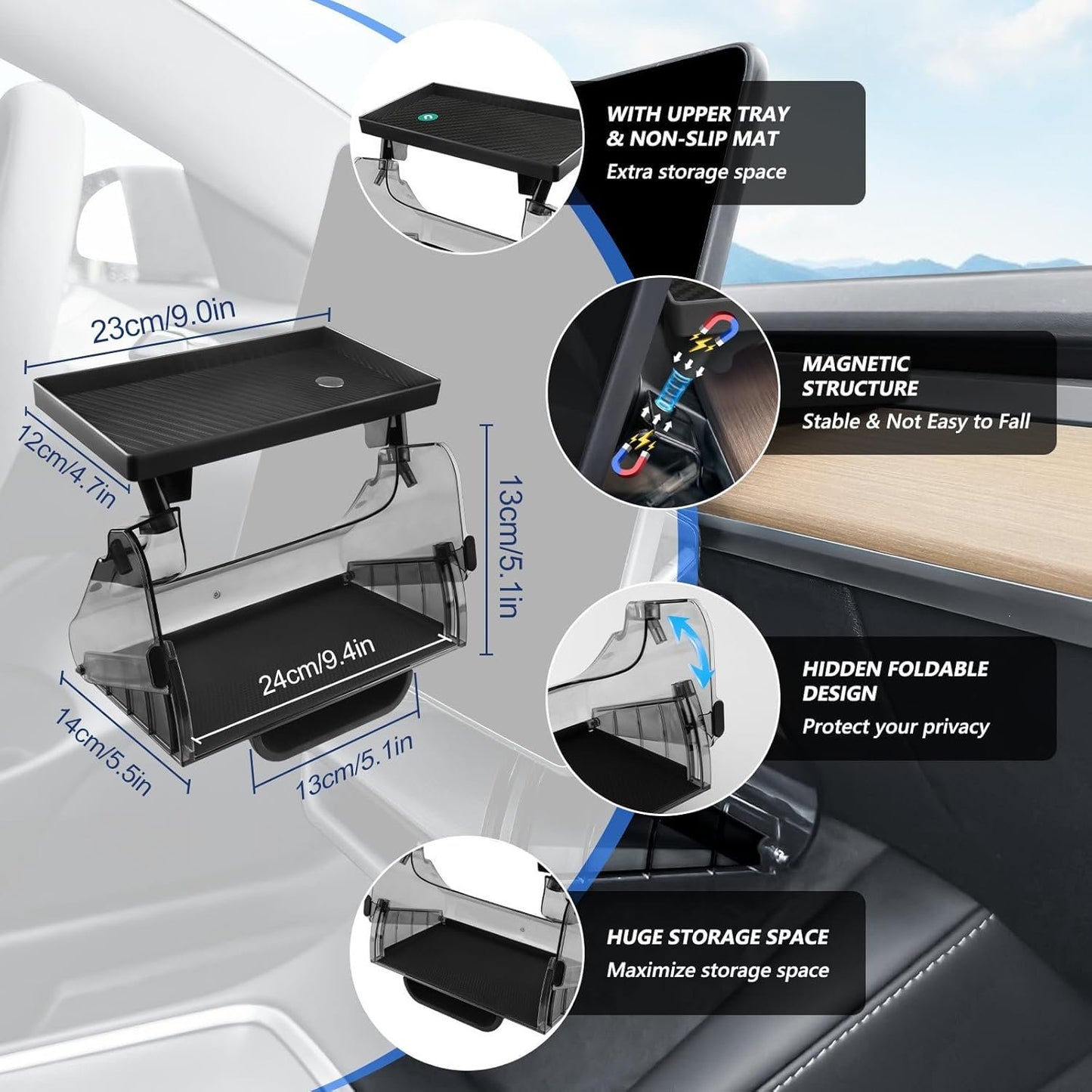Car Center Console Organizer for Tesla Model 3 Model Y, Magnetic Tray Under Screen Storage Box Dashboard Holder for Tesla Interior Accessories