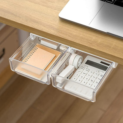 Self-adhesive Under Desk Drawer Organizer, 2 Pack Table Hidden Slide Out Large Storage Mounted Desktop Pencil Holder Tray Drawers for Office Home School Stationery Kitchen (Large, White)