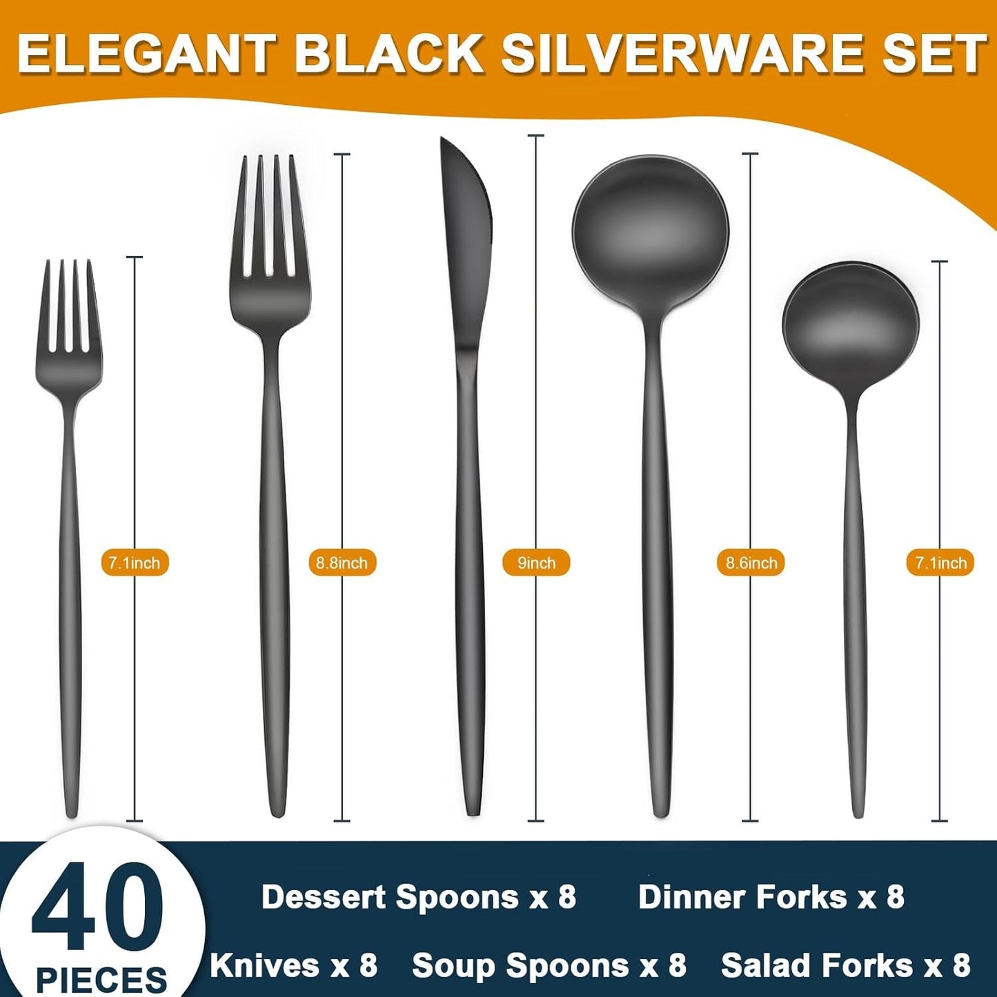 Black Silverware Set, 40pcs Stainless Steel Flatware Set for 8, Tableware Cutlery Set, Utensils for Home, Restaurant, Hotel, Include Knife Fork Spoon Set,Dishwasher Safe