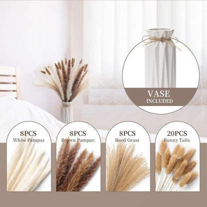 Wemk Decorative Pampas Grass with Vase Included, 44 Pieces Set of Natural White and Brown Pampas Herbs, Cane Herbs, Rabbit Tails, Decorative for Weddings, Parties, Boho Decor