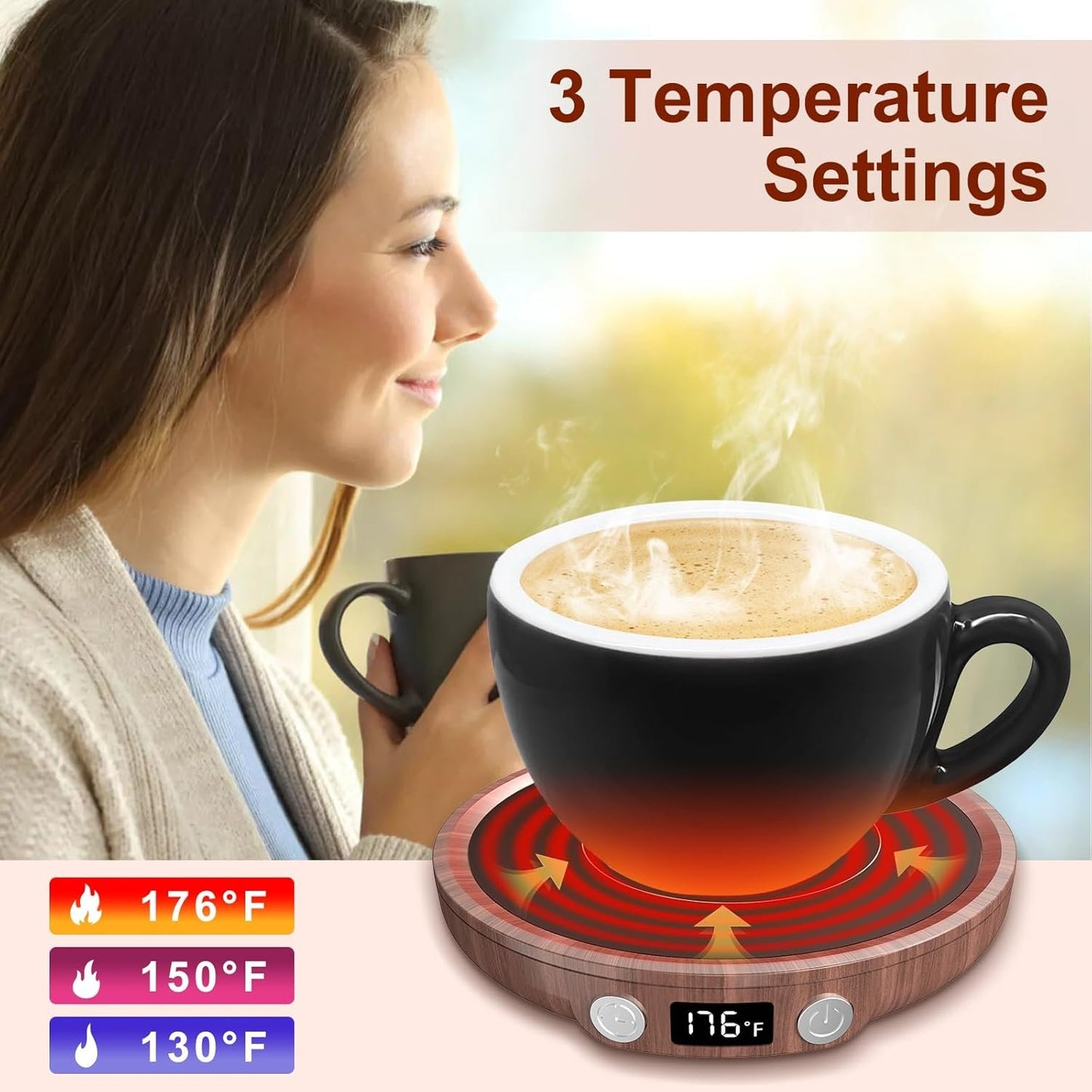 Mug Warmer Coffee Warmer for Desk with 3Temperature Control 130 ℉/150 ℉/176 ℉,2-12Hrs Auto Shut Off,Mug Warmer for Beverage, Coffe Cup Warmer for Home & Office Ideal for Coffee Lovers(Woodgrain Color)