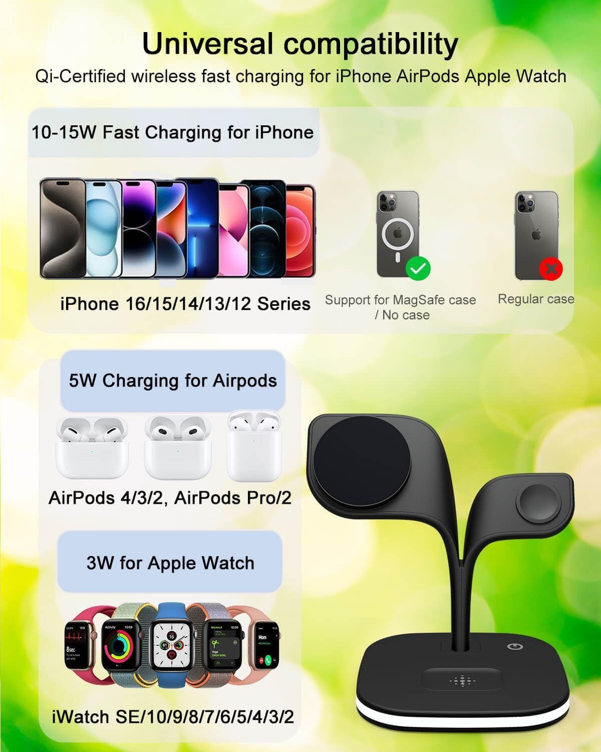3 in 1 Wireless Charger for Apple Multiple Devices, LDOBL MagSafe Charger with Night Light for iPhone 16 15 14 13 12 Pro Max Mini Plus, Apple Watch Ultra 10 9 8 7 SE 6 5 4 3 2, AirPods 4 3 Pro 2 (BLK)