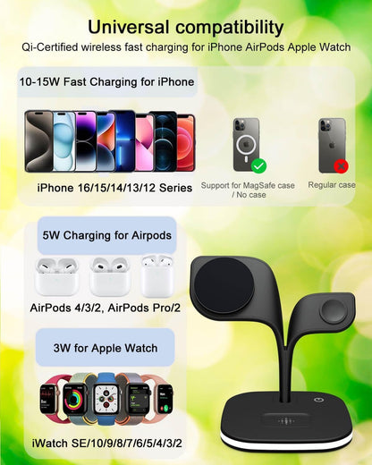 3 in 1 Wireless Charger for Apple Multiple Devices, LDOBL MagSafe Charger with Night Light for iPhone 16 15 14 13 12 Pro Max Mini Plus, Apple Watch Ultra 10 9 8 7 SE 6 5 4 3 2, AirPods 4 3 Pro 2 (BLK)