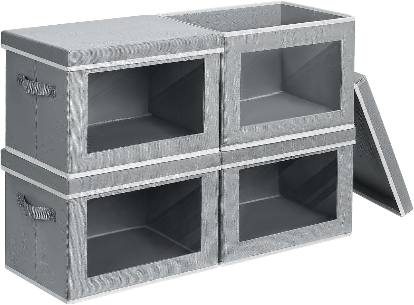 DIMJ 4Pcs Storage Bins with Lid, Collapsible Storage Box with Portable Handle and Transparent Viewing Window,Foldable Storage Box Stackable Storage Containers for Clothes Books Light-Grey
