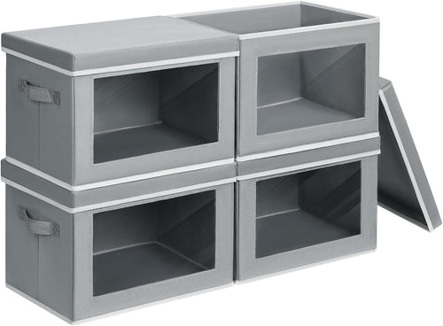 DIMJ 4Pcs Storage Bins with Lid, Collapsible Storage Box with Portable Handle and Transparent Viewing Window,Foldable Storage Box Stackable Storage Containers for Clothes Books Light-Grey
