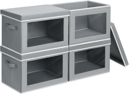 DIMJ 4Pcs Storage Bins with Lid, Collapsible Storage Box with Portable Handle and Transparent Viewing Window,Foldable Storage Box Stackable Storage Containers for Clothes Books Light-Grey