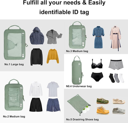 ECOHUB 5 Set Compression Packing Cubes for Suitcases, Travel Organizer Bags with Shoes Bag, Tear Resistant, Machine Washable, Green