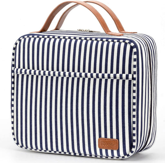 Bosidu Hanging Toiletry Bag for Women, Large Capacity Waterproof Travel Toiletry Bag with 4 Compartments & 1 Sturdy Hook, Ideal for Travel or Daily Use (Navy Blue & White Striped)