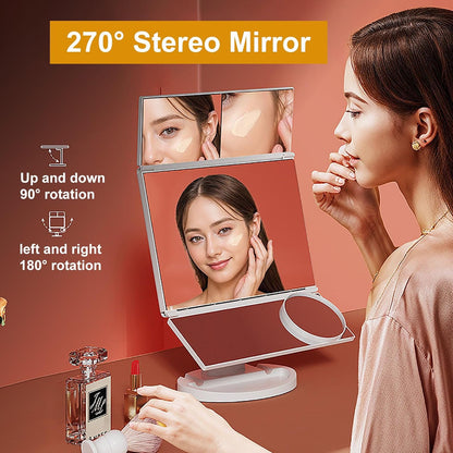 Tri-Fold LED Makeup Mirror | Portable Tabletop Vanity Mirror | Stepless Dimming | 1X/2X/3X Magnification + 10X Small Mirror | Home & Travel Makeup Tool (Pink)
