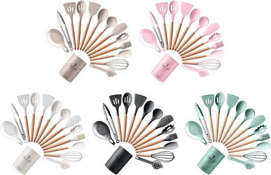 14 Pieces Kitchen Utensils Silicone Food Grade Cooking Tools Non-Stick Wooden Handles Kitchen Tongs Spoon Spatula Tool Wooden Handles Gadget