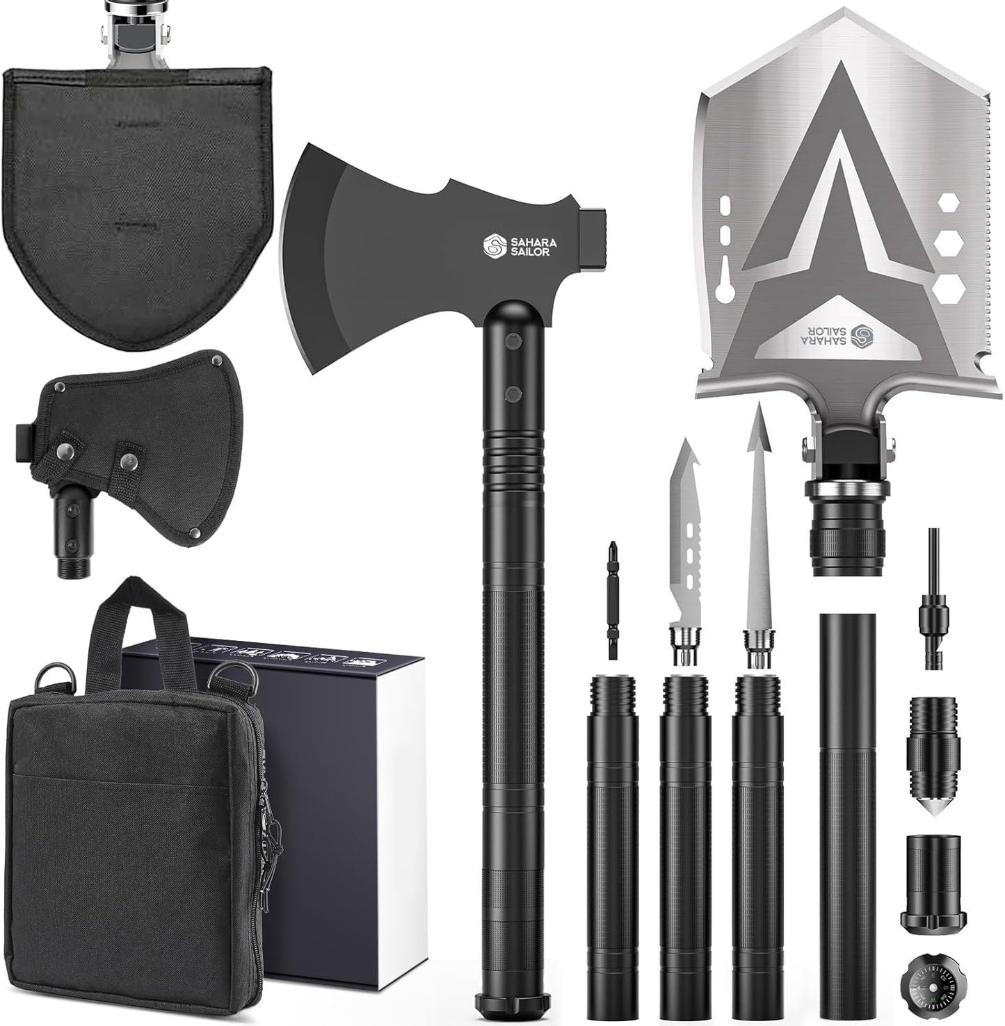 Sahara Sailor Survival Shovel with Axe, High Carbon Steel Tactical Shovel Camping Shovel Hatchet Combo - 4 Thicken Extension Handles, 20-39.5 Inch Survival Gear and Equipment for Hiking Camping