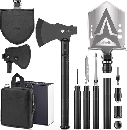 Sahara Sailor Survival Shovel with Axe, High Carbon Steel Tactical Shovel Camping Shovel Hatchet Combo - 4 Thicken Extension Handles, 20-39.5 Inch Survival Gear and Equipment for Hiking Camping