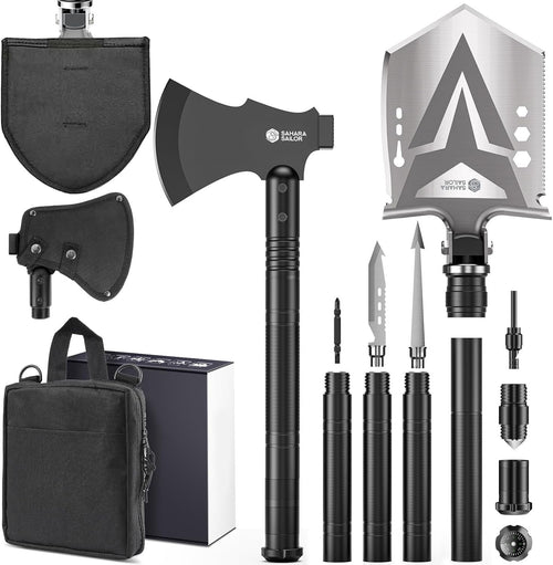 Sahara Sailor Survival Shovel with Axe, High Carbon Steel Tactical Shovel Camping Shovel Hatchet Combo - 4 Thicken Extension Handles, 20-39.5 Inch Survival Gear and Equipment for Hiking Camping