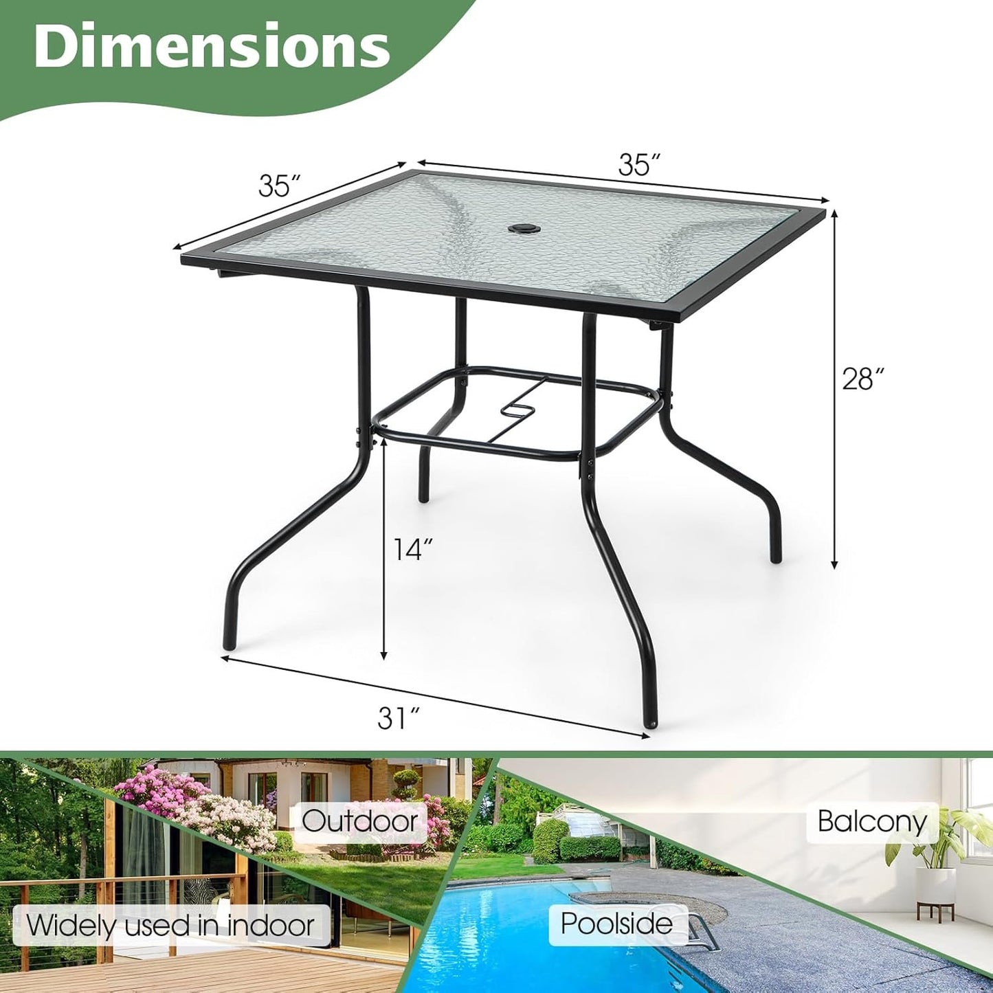 HAPPYGRILL Patio Square Dining Table 35" x 35", Outdoor Dining Table with Tempered Glass Tabletop & 1.5" Umbrella Hole, Metal Bistro Table for Garden Backyard and Porch