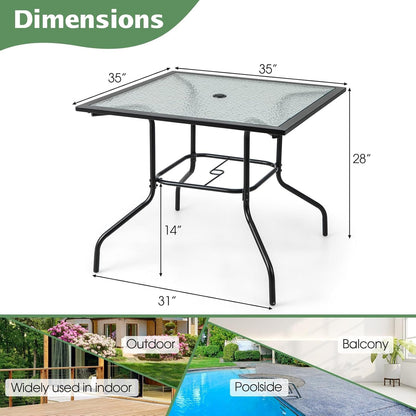 HAPPYGRILL Patio Square Dining Table 35" x 35", Outdoor Dining Table with Tempered Glass Tabletop & 1.5" Umbrella Hole, Metal Bistro Table for Garden Backyard and Porch