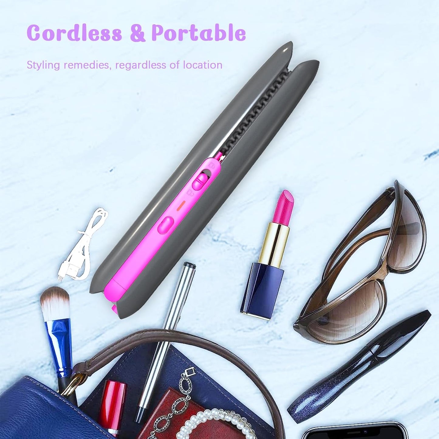 Hair Straightener, Flat Irons, Rechargeable Curling Iron with 3 Temperature, Portable Straightener and Curler 2 in 1 Hair Tools for differnet Hair Style（Grey+Red Rose