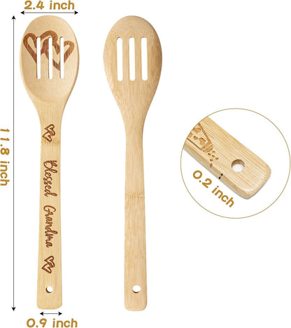 Grandma Bamboo Spoons Bulk - 6Pcs Mother's Day Best Grandma Kitchen Cooking Utensils Set Natural Carve Burned Bamboo Cooking Engraved Spoon Slotted Spatulas Tools Mom's Birthday Idea Gifts