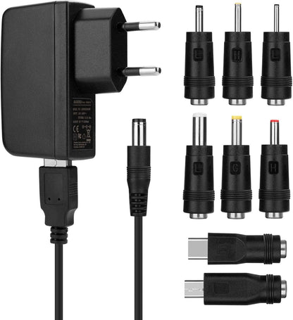 Aukru Universal Power Supply with 8 Switching Plugs Adapters for 5 V Household Electronics and USB Devices – 2000 mA Max