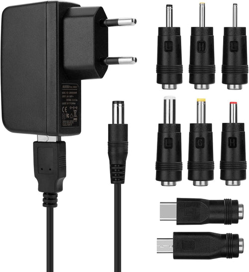 Aukru Universal Power Supply with 8 Switching Plugs Adapters for 5 V Household Electronics and USB Devices – 2000 mA Max