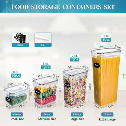 GoMaihe Airtight Food Storage Containers with Lids: 25pcs Plastic Food Containers | Kitchen & Pantry Organizers and Storage for Cereal, Flour, Sugar, Snacks, Labels, Marker