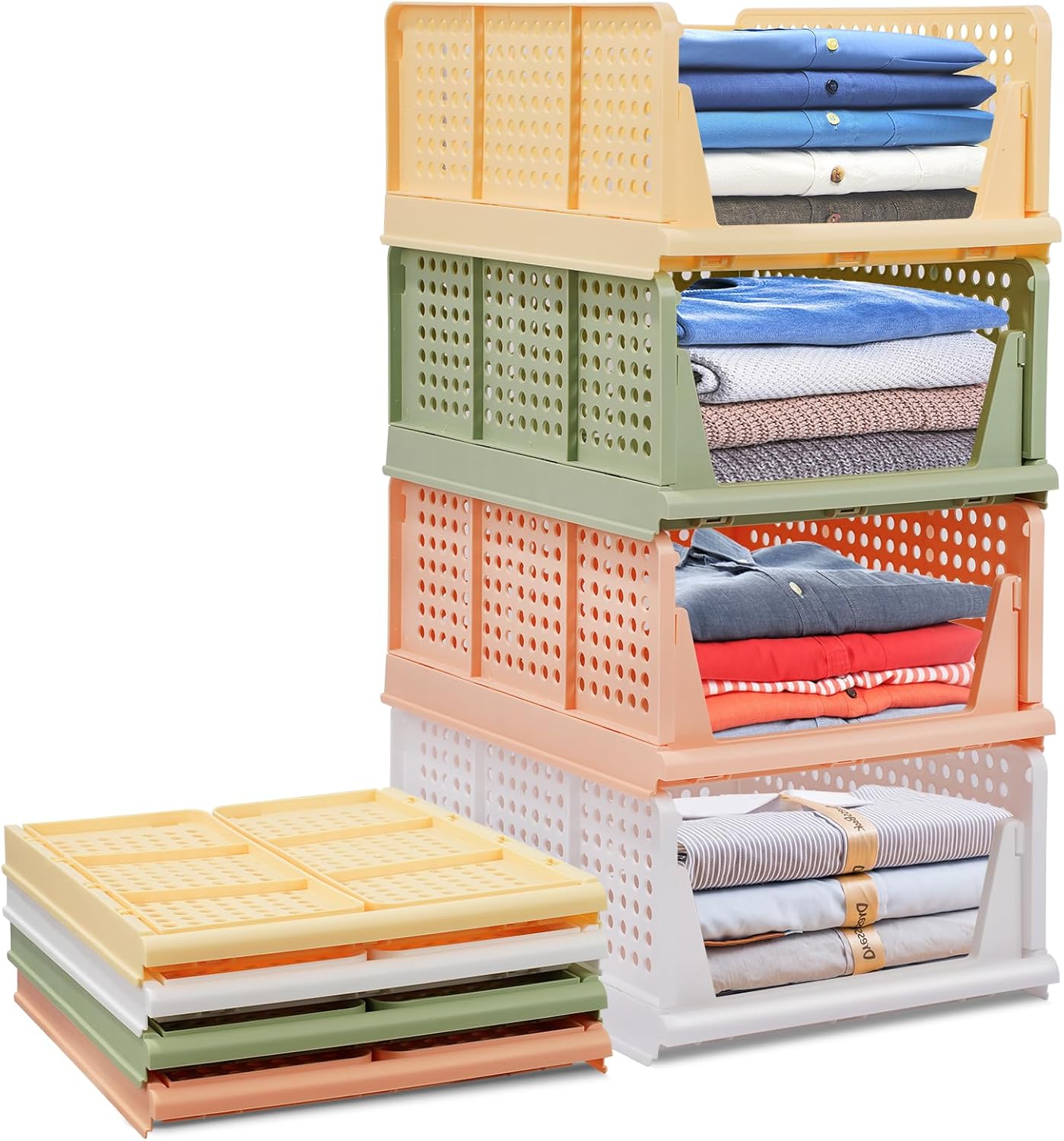 jocabo Folding Wardrobe Storage Shelf Baskets Box 4-Pack Plastic Drawer Organizer Stackable Cloth Closet Container Bin Cube Home Office Bedroom Laundry Drawer Crate Book Goods Organization -Colorful