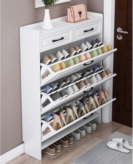 Generico Scarpiera Moderna e Sottile con 2 cassetti, Organizer portaoggetti in Legno a 3 Ripiani, Elegante Mobile per Ingresso e Camera da Letto, Design Bianco Spesso per l'ingresso di casa.